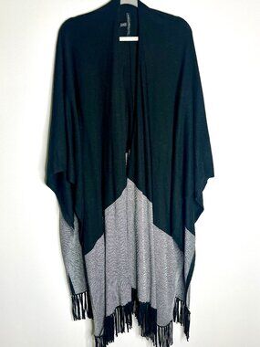 WHBM Oversized Black Striped Shawl Tasseled Boho Southwestern Bohemian Sz M/L